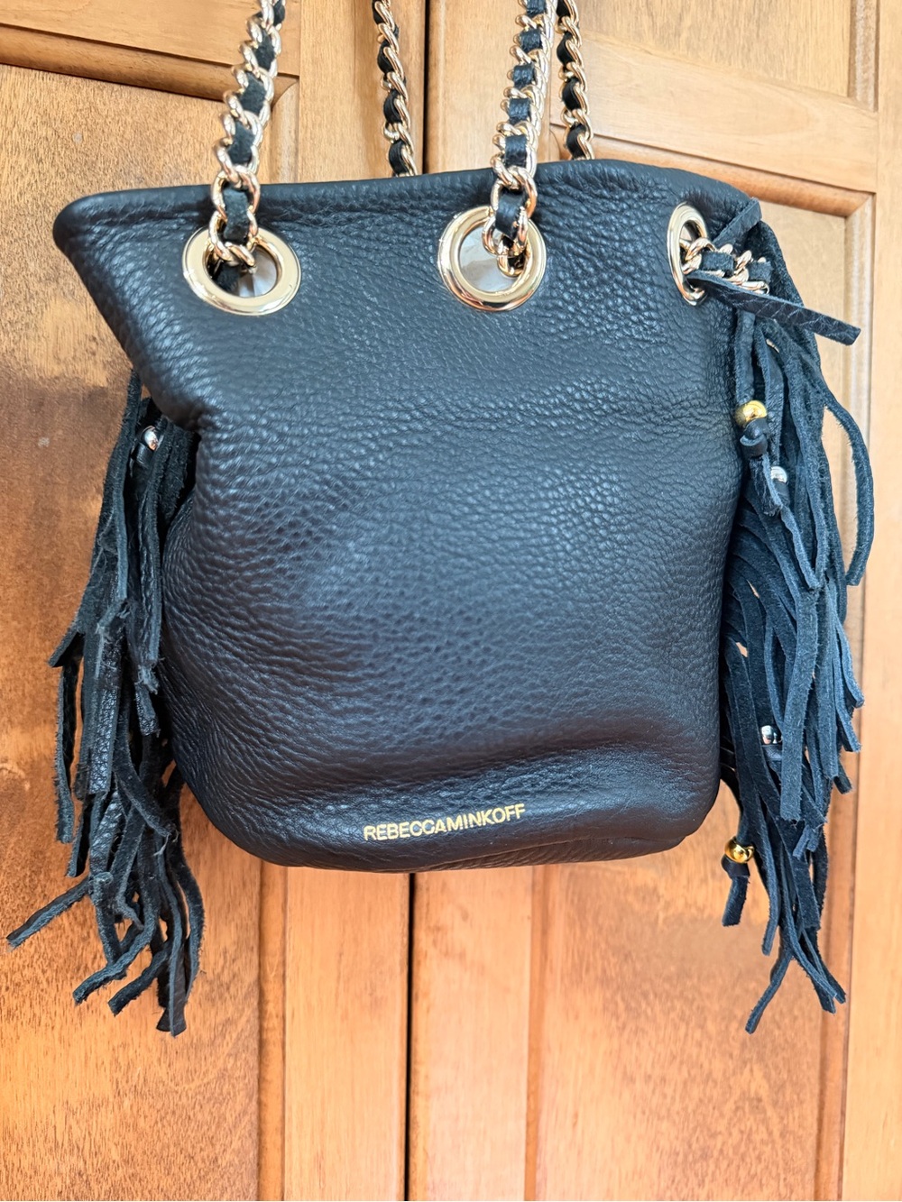 Rebecca Minkoff Black Leather Fringe Bucket Bag with Gold Chain - Picture 8 of 14